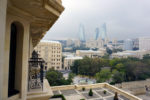The Flame Towers, the tallest skyscrapers in Baku, emerge from the fog. Photo credit: Jake Smith