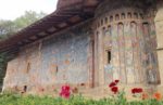 Voronet Monastery exterior frescoes painted in a color known as