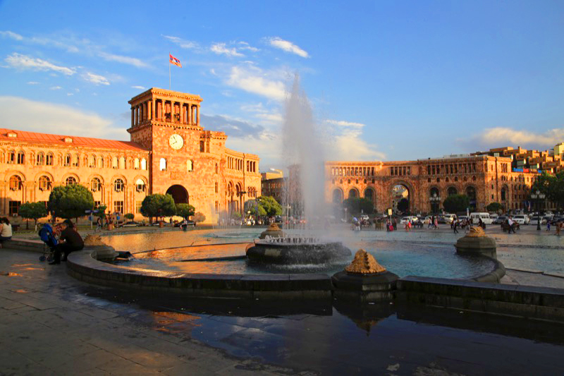 Dusk sets in on Yerevan’s Republic Square (Armenia). Photo credit: Ann Schneider