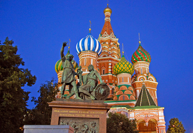 Just outside St. Basil’s stands the 1818 monument to “Citizen Minin and Prince Pozharsky, Grateful Russia” for their heroics in liberating Moscow in 1612. Photo credit: Douglas Grimes