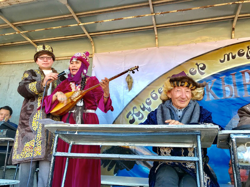 Musicians performing during the closing ceremony at Mongolia’s Golden Eagle Festival. Photo: Michel Behar