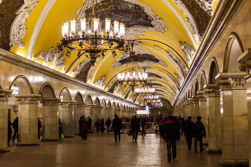 Crystal chandeliers are featured throughout the Moscow Metro’s Komsomolskaya station. Photo credit: Jonathan Irish