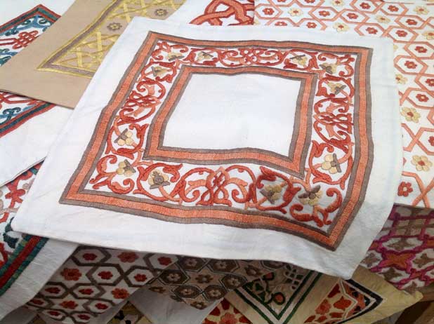 Hand-stitched pillow covers, Uzbekistan. Photo credit: Michel Behar