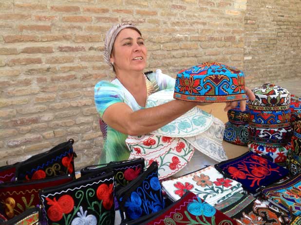 Hand-stitched goods in Shahrisabz, Uzbekistan. Photo credit: Michel Behar