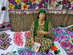 A Tajik woman displaying her needlework in Dushanbe, Tajikistan. Photo credit: Dilshod Karimov