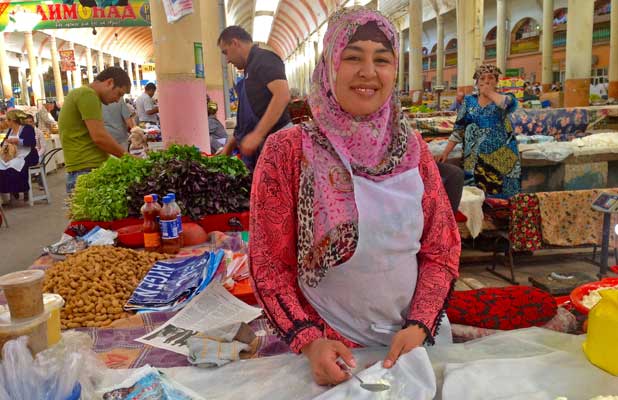 Khujand’s fanciful pink-colored covered bazaar is the city’s bustling central market. Photo credit: Michel Behar