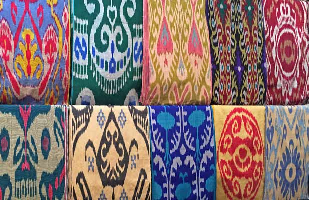 Uzbek ikat silk fabrics are bold in color and complex in design – truly treasures of the Silk Road. Photo credit: Megan Gilboy