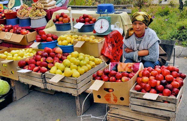 A roadside stand in Almaty displays colorful varieties of Kazakh apples. Photo credit: Ana Filonov