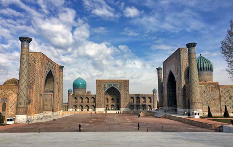 With its three madrassahs, the Registan is arguably the iconic symbol of all Central Asia; Ulug Bek is on the left, Tillya-Kori in the center, and Shir-Dor on the right. Photo credit: Abdu Samadov