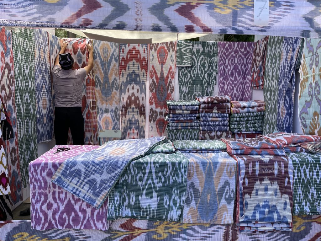 Ikat silk fabric for sale in Bukhara, Uzbekistan. Photo credit: Abdu Samadov