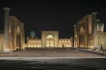 Samarkand's UNESCO-listed Registan Square lit up at night, Uzbekistan. Photo credit: Ann Schneider