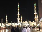 The Prophet's Mosque (Al Masjid an Nabawi) in Medina lit up at night, Saudi Arabia. Photo credit: Annie Lucas
