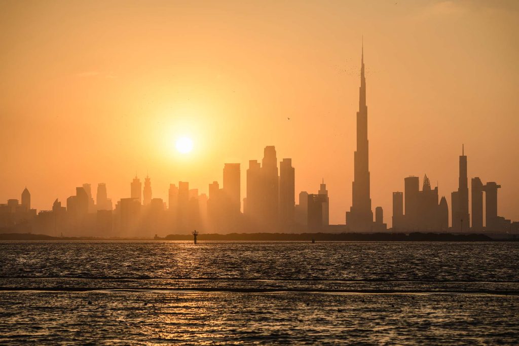 The Dubai Skyline Against a Low Sun. Photo credit: Desert Adventures