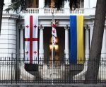 The Georgian and Ukrainian flags fly side by side in Tbilisi. Credit: Annie Lucas