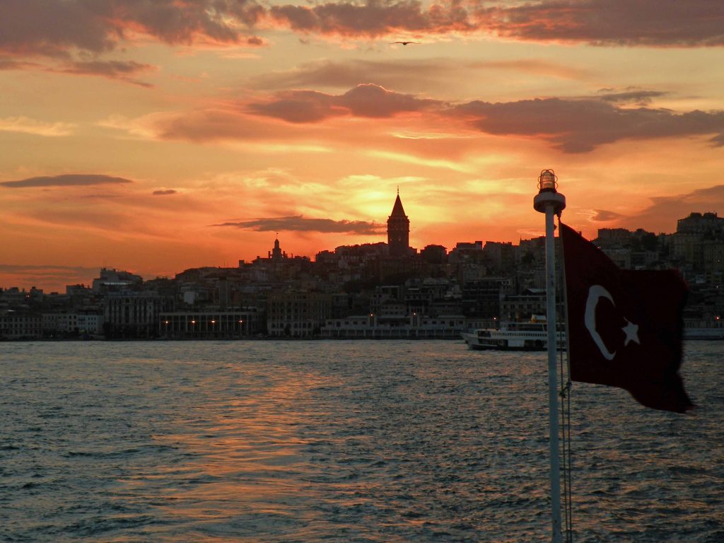 The Istanbul skyline at sunset, from a ferry.