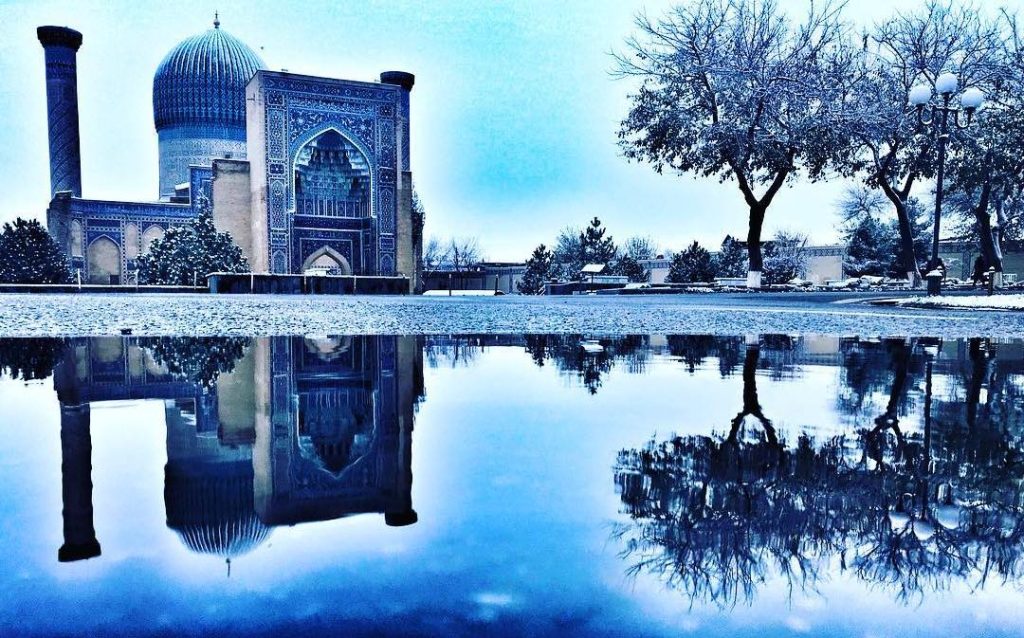 Snow and reflections on a wintry day in Uzbekistan. Photo credit: Abdu Samadov