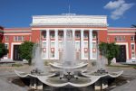 The pastel-colored Tajik parliament building in Dushanbe.