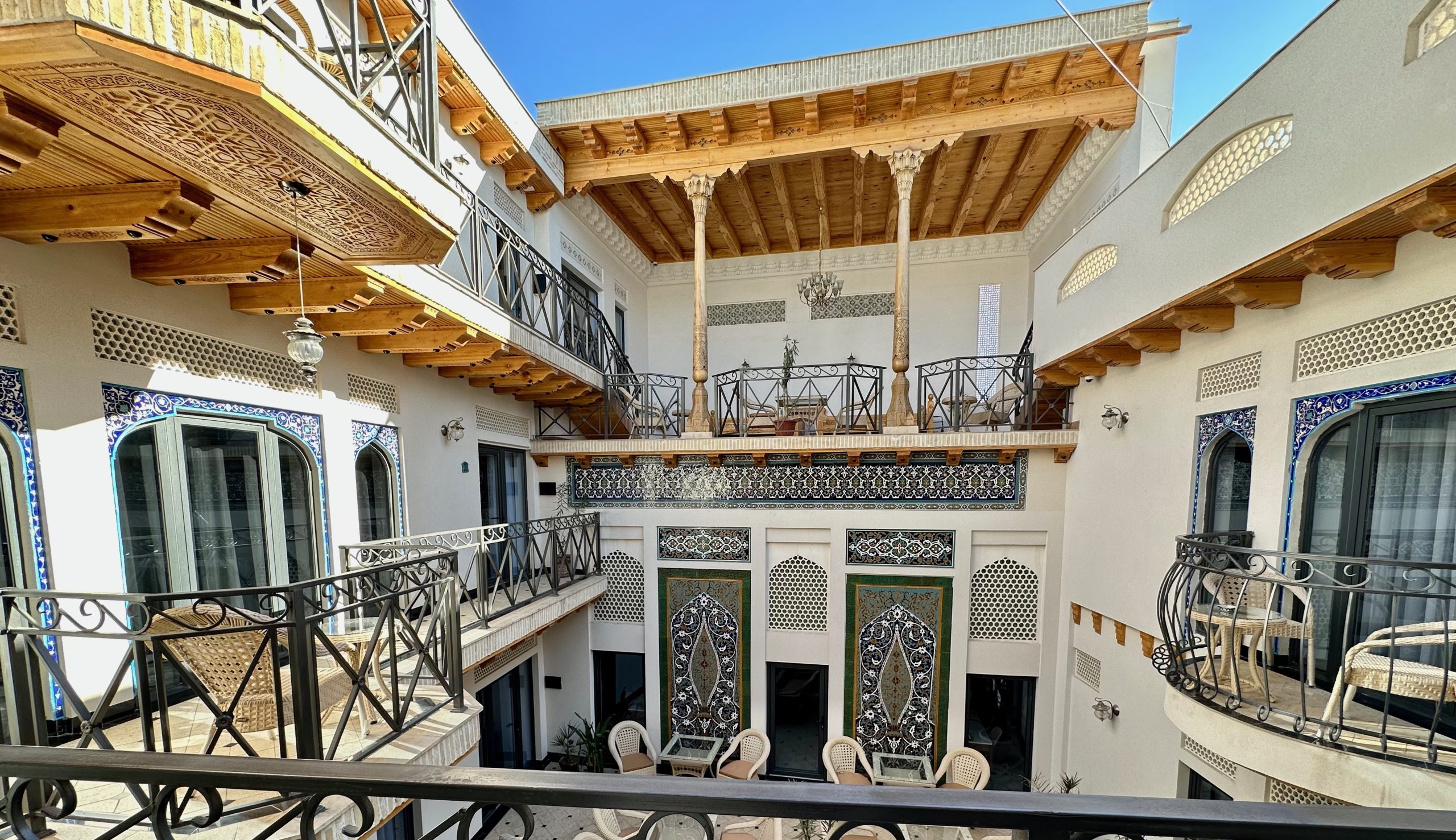 The inner courtyard of the Alexia Hotel in Bukhara.